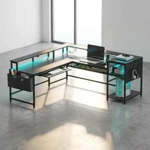 Modern L Shape Wooden PC Gaming Desk with Storage Shelves and Monitor Stand Large Desktop Office Desk Table