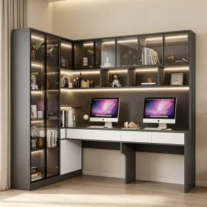 Modern L-Shaped Bookcase with Desk LED Lighting Luxury Glass Door Bookshelf for Home Office Study Room Modular Storage Cabinet