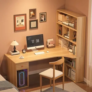 Modern L-Shaped Computer Desk with Bookshelf Integrated Office Writing Desk Wood Panel Design