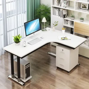 Modern L Shaped Corner Office Desk White Computer Table with 3 Drawer Mobile Cabinet Ergonomic Gaming Workstation Home Studio
