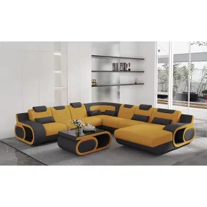 Modern L Shaped Sectional Sofa Bed Set Yellow Black Leather Wood Frame Apartment Mall Hospital Living Room Furniture