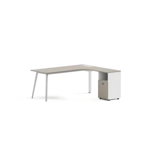 Modern L Shaped Steel MDF Composite Staff Desk Curved Corners Aluminum Legs Lockable Drawer Cabinet Built in Cable Office