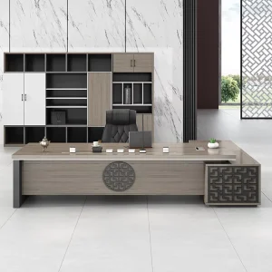 Modern L-Shaped Wooden BOSS CEO Executive Office Desk with Modular Convertible Design Teak Color Commercial Furniture