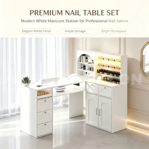 Modern L shaped Wood Top Nail Table with LED Display & Storage Shelves Professional Salon Manicure Nail Bar Workstation