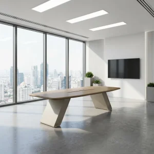 Modern LED Conference Table 12 Color Light Strip 3D Suction Finish E1 MDF Boardroom Meeting Desk Curved Steel Leg