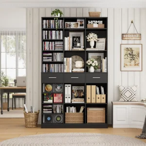 Modern Large Black Wood Showcase 3 Drawers Bookshelf Storage for Home Office Living Room Furniture Eco-Friendly LED Light DR530