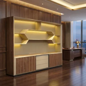 Modern Large Executive Storage Cabinet Combined Open Display Closed Cabinets Walnut Veneer Office Bookshelf for Director Room