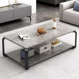 Modern Large Marble Look Wood Coffee Table Grey with Storage Shelf 2 Tier Center Table Furniture for Home