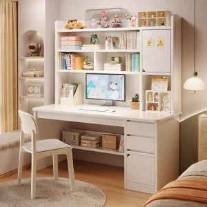 Modern Large Storage Home Study Desk for Students Metal Computer Desk with Bookshelf and Drawers Big Desktop for Drawing