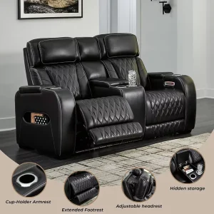 Modern Leather Match Power Reclining Loveseat Console Adjustable Headrest Massage Heated Seat LED Lights Black Home Theater Wood