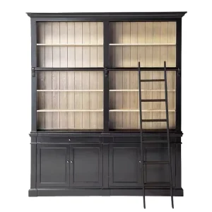 Modern Library Bookcase Rolling Ladder Solid Oak Wood Two Bay Display Cabinet Black Interior Crown Molding Home Furniture