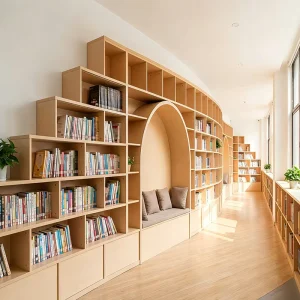 Modern Library Furniture Curved Bookcase Custom Size Color Modular Wooden Storage Wall mounted 5 Shelf
