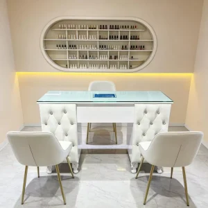 Modern Light Luxury Durable Leather Pink Manicure Table with Storage Cabinet Dust Collector Multi-color Customization Supported