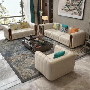 Modern Light Luxury Hotel Villa Living Room Reclining 1 2 3 Seater Leather Sofa Set with Stainless Steel & Solid Wood Frame