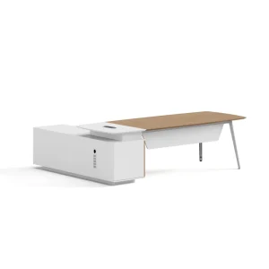 Modern Light Luxury L-Shaped Steel Wood Composite Executive Desk Curved Rounded Tabletop Lockable Storage Cabinet Built-in Wire
