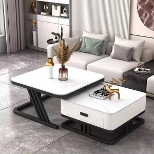 Modern Light Luxury Living Room Coffee Table Square Glass Top Rock Board Metal Frame Panel Wood