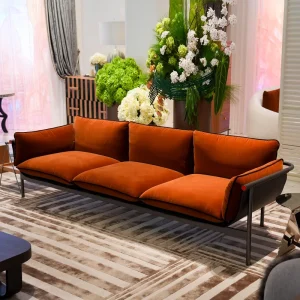 Modern Light Luxury Metal Frame Velvet Fabric Sofa Living Room Apartment 4 Seats Saddle Leather Couch Sofa Chair for Hotel Villa