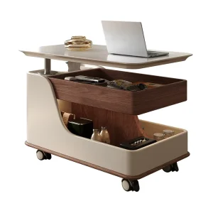 Modern Light Luxury Rosewood Height Adjustable Rolling Coffee Cart Movable Lift Side Table Trolley Easy Assembly for Small