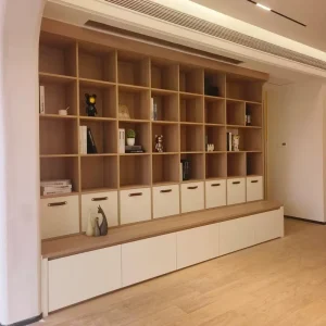 Modern Light Wood Grain Built-in Bookcase Bookshelf Open Compartments Desk Attached Storage Basket Living Room Wall
