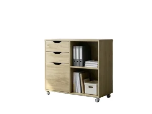 Modern Light Wood Mobile File Cabinet Drawers Open Shelves Rolling Office Storage Cabinet