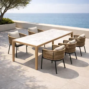 Modern Lightweight Teak Wood Outdoor Dining Chair and Table Set with Rope Frame for Hotel and Patio Use