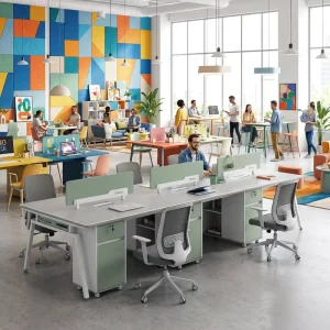 Modern Linear Workstation A Leg Metal Frame Durable Eco Friendly Green Side Storage E1 Board Triple User Staff Office Desk