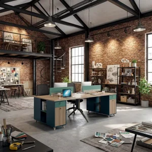 Modern Linear Workstation A Leg Metal Frame Green Side Storage E1 Board Triple User Staff Office Desk