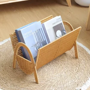 Modern Living Room Corner Storage Rack with Woven PP Rattan Magazine and Book Holder Elegant Newspaper Storage Baskets