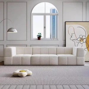 Modern Living Room Cream White Grid Tufted Sofa in a Box Puffy Checkerboard Matrix Compressed 3 Seater Couch Hotel Apartment