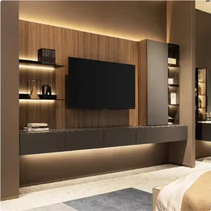 Modern Living Room Floating Wood Stand Custom TV Console Wall Decoration with Shelving and Storage