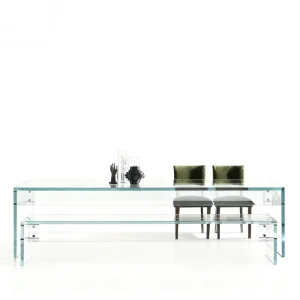 Modern Living Room Furniture Clear Glass Sled Coffee Table Metal Brass Panel Wood Adjustable Height Home