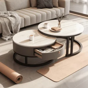 Modern Living Room Round Stone Coffee Table Set with Golden Metal Frame and White Nesting Design