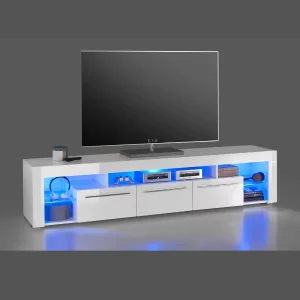Modern Living Room TV Units Entertainment Center LED Lighting TV Cabinets with Glass Shelf and Storage Drawers
