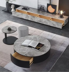 Modern Living Room Table Sets Grey Wood Marble Top TV Unit and Coffee Table with Storage