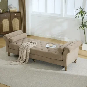 Modern Long Sofa Bench Rolled Arm Upholstered Fabric Bench Sofa with Cylindrical Pillows Solid Wood Leg for Home Hotel