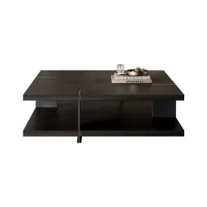 Modern Low Profile Square Coffee Table with Dark Wood Finish Open Storage Shelves