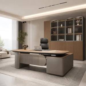 Modern Luxurious L Shaped Executive Office Desk Set Leather Boss Chair Walnut Colored Management Office Desk Cabinet