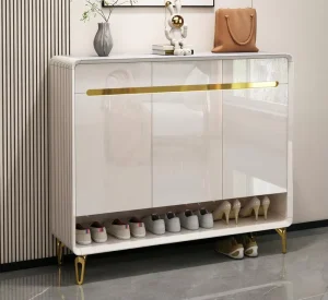 Modern Luxury 3 Door Shoe Cabinet Gold Handles High Gloss White Finish Eco Friendly Durable Adjustable Home Furniture