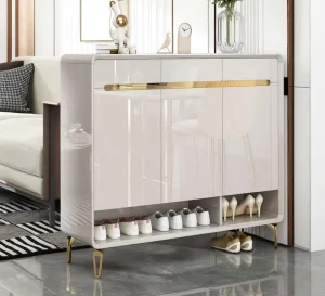 Modern Luxury 3 Door Shoe Cabinet Gold Handles High Gloss White Finish Open Bottom Shelf Eco Friendly Space Saving Warehouse