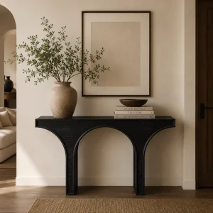 Modern Luxury 52″ Console Table Double Arch Solid Wood Entryway Table Matte Black for Villa Hotel Project
