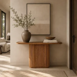 Modern Luxury 60″ Console Table Japandi Fluted Wood Entryway Table with Oval Tray Top for Villa Hotel Hallway Project