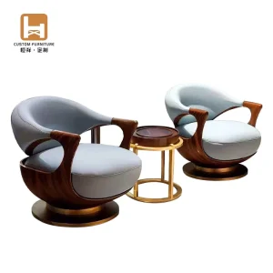 Modern Luxury Accent Furniture Arm Teak Wooden Leather Swivel Leisure Single Lounge Occasional Bedroom Living Room Chairs Set
