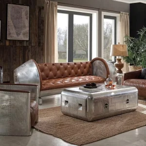 Modern Luxury Aluminum Spitfire Aviation Genuine Leather Industrial Retro Aircraft Two Seater Hotel Sofa Commercial Use Chester