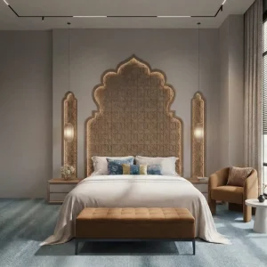 Modern Luxury Arabic Eco Friendly Hotel Bedroom Furniture Set Oak Panel Custom 5 Star Hospitality King Bed LED Apartment