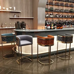 Modern Luxury Bar Stool Leather Upholstered Gold Finish Counter Chair Kitchen Island Bar Bistro Hotel Cafe Furniture