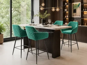Modern Luxury Bar Stools Velvet Upholstered Turquoise Green Bar Chair Counter Height Stool for Commercial Club