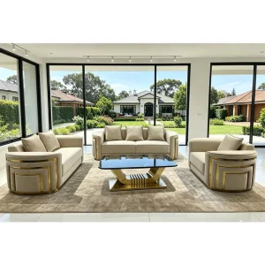 Modern Luxury Beige Velvet Sofa Set with Gold Trim 3+2+1 Seater Living Room Furniture