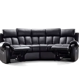 Modern Luxury Black Leather Extendable Three Seat Recliner Sofa Set Curved Sectional Home Theater Seating Manual Motion Footrest