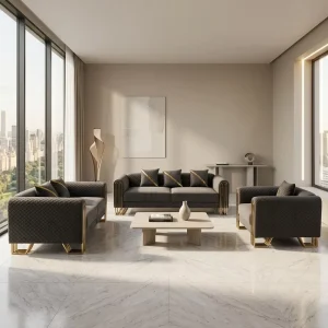 Modern Luxury Black Quilted Sofa Set 3 Piece Living Room Couch Suite for Hotel Apartment