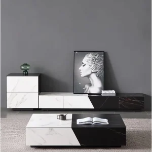 Modern Luxury Carbon Steel Tripod Legs Rectangle Marble Slate Coffee Table with Wood Cabinet